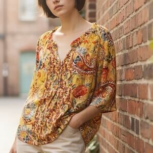 Fig and Flower Popover Top Womens Size 2X Yellow Floral Ruffled Raglan Blouse